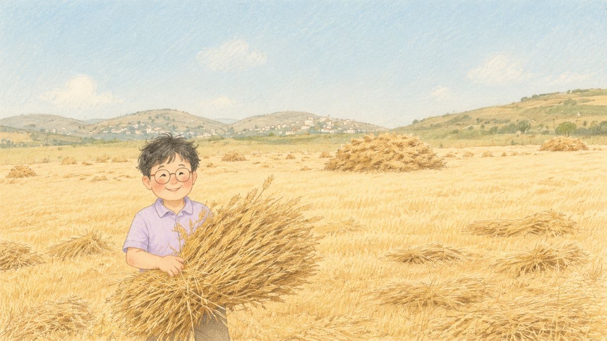 추수한 곡식을 안고 있는 인물을 그린 이미지