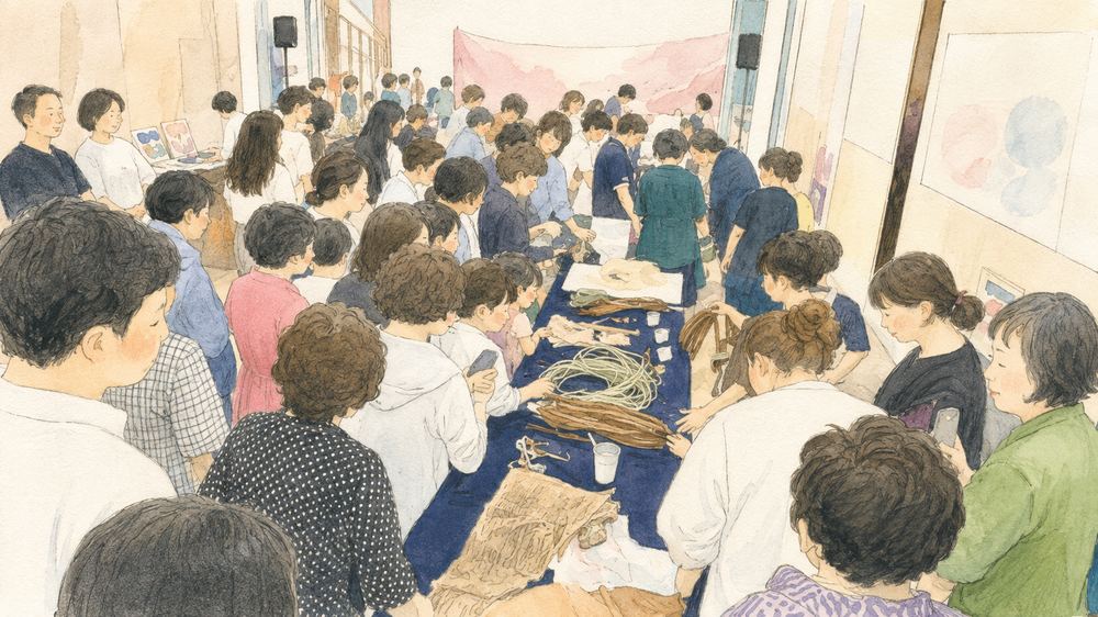 탁자에 놓인 전시 사물을 함께 살펴보는 사람들을 그린 원본 수록 삽화